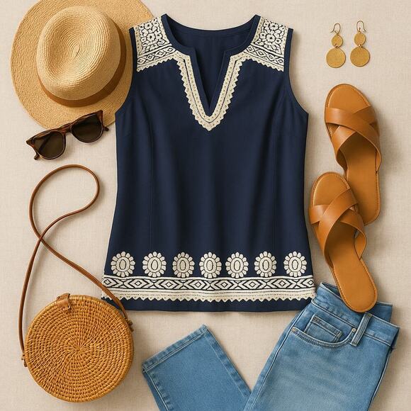 Talbots Embroidered Tunic Top Navy Cotton M - Picture 2 of 10